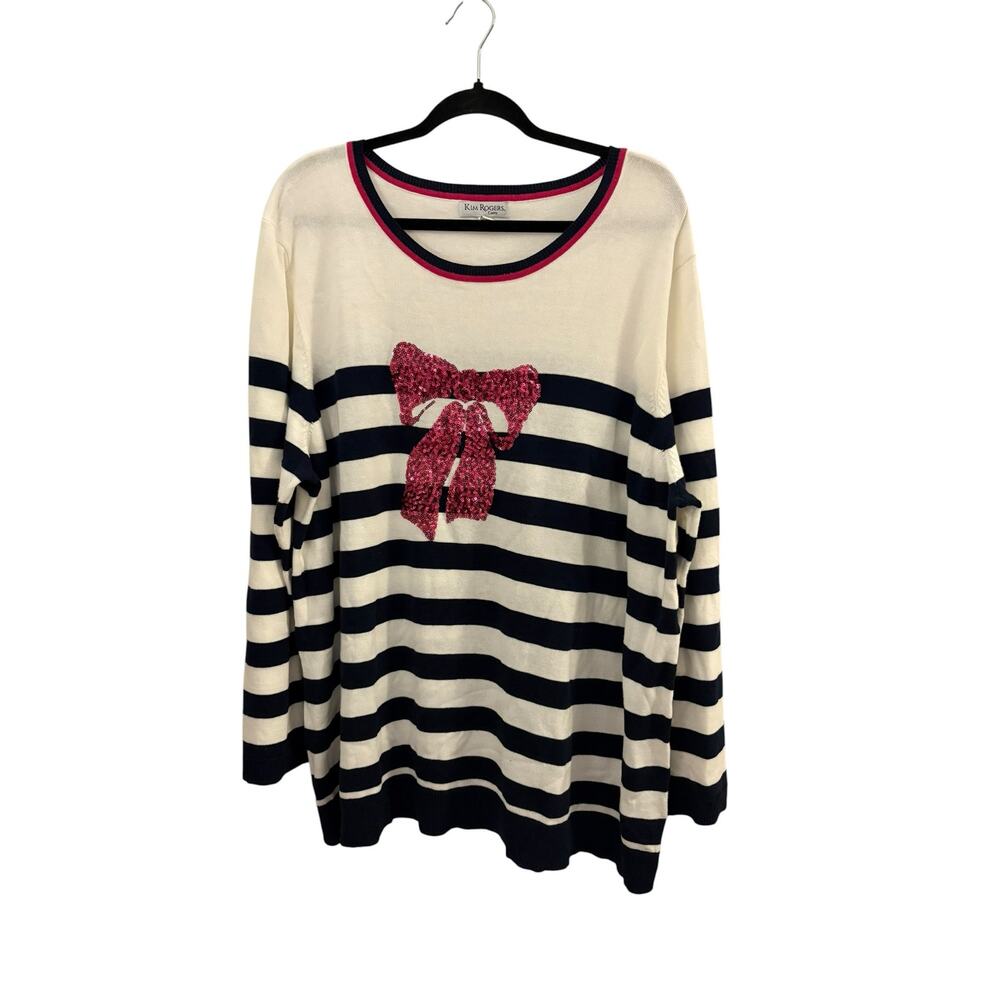 Kim Rogers Intarsia Sweater 3X Pink Sequin Bow Womans Plus Vintage Cotton Blend
